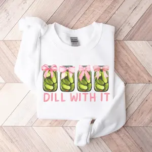 Dill With It Funny Pickle Graphic Sweatshirt, Girls Pickle Pink Coquette Pullover Hoodie For Men & Women