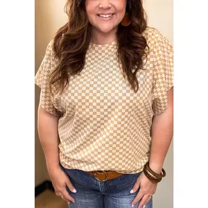 Khaki Checkered Batwing Sleeve Plus Size T Shirt