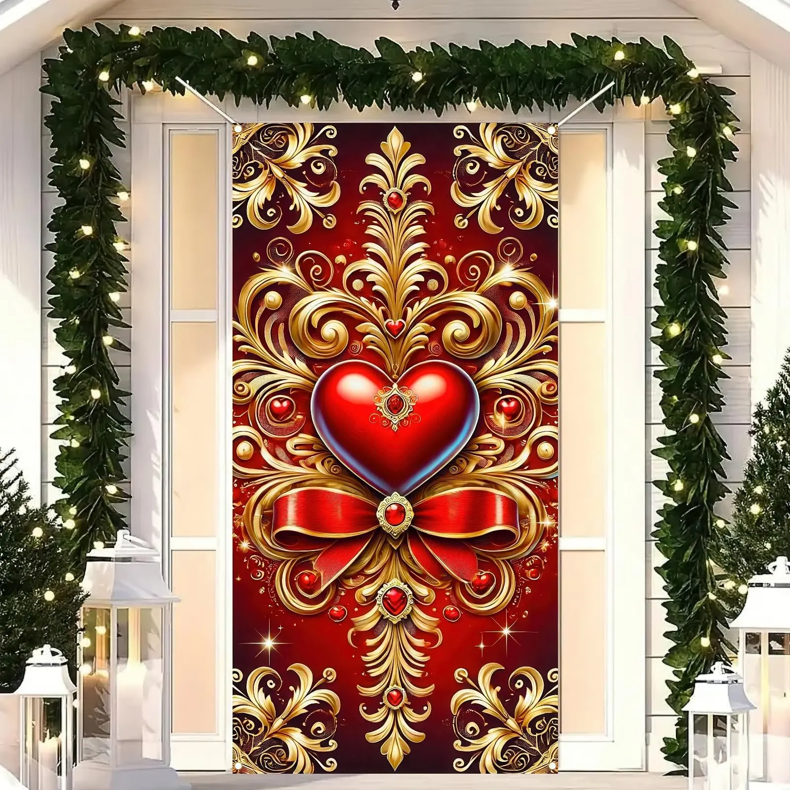 2D Flat Door Banner 1pc, Valentine's Day Heart Shape & Luxury Bow Background, Glossy Photo Backdrop Hanging Decor, No Power Needed
