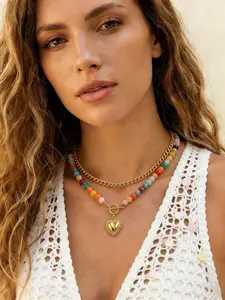 Dopamine Colorful Beaded Necklace for Women, Lockbone Chain with Ot Clasp, Heart Pendant, Perfect for Daily Wear, Parties, Street Style, Gift, Heart Shaped Necklace