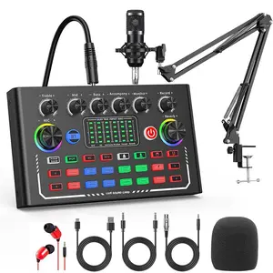 Portable USB external sound card F009 mixing console, Mixer audio, Bluetooth accompaniment, voice changing, anchor singing, microphone, game voice, complete set of audio tools plug and play, no driver, rich special effects sound, portable set with bat