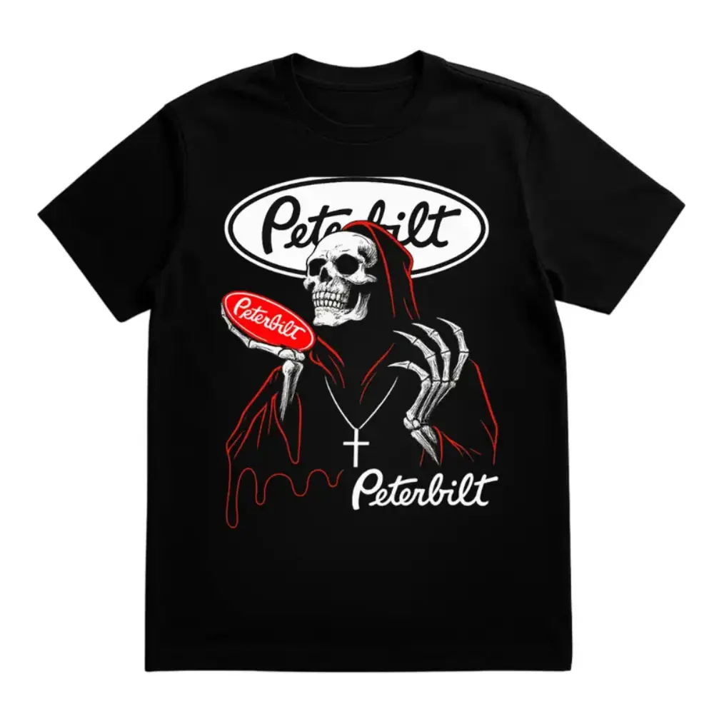 Peterbilt Skeleton T-Shirt, Grim Reaper with Cross and Red Peterbilt Logo Graphic, Diesel Power Work Shirt for Truck Drivers & Semi Truck Fans, Gift for Big Rig Enthusiasts