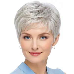 New Fashion Short Grey Wigs for White Women Pixie Cut Gray Wigs with Bangs Natural Straight Synthetic Hair Short Silver White Wig for Older Women Costume Halloween Party Wigs