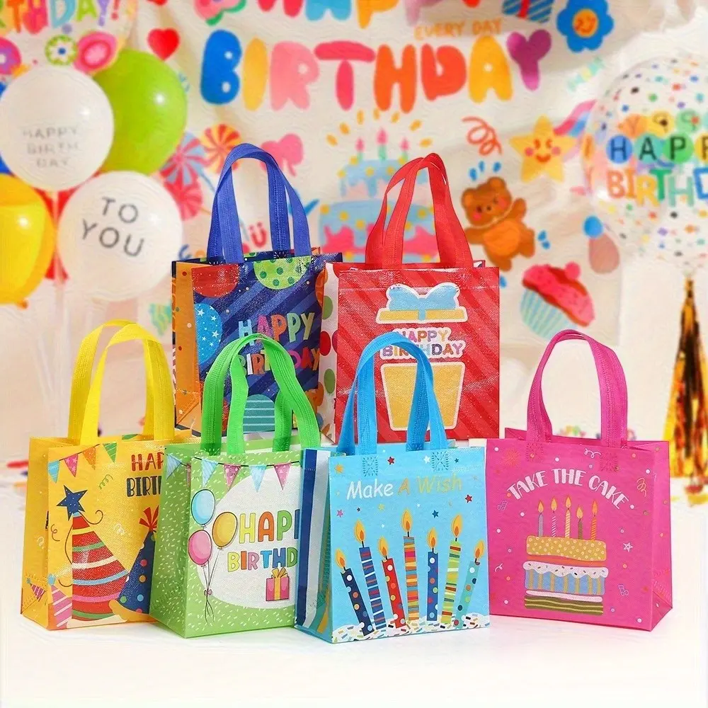 12/18/24pcs Birthday Theme Non-Woven Handbags, Party Gift Bags, Goodie Bags, Birthday Party Favor Bags, Happy Birthday Cartoon Cake Candle Pattern, Foldable Shopping Bags, Perfect Gifts