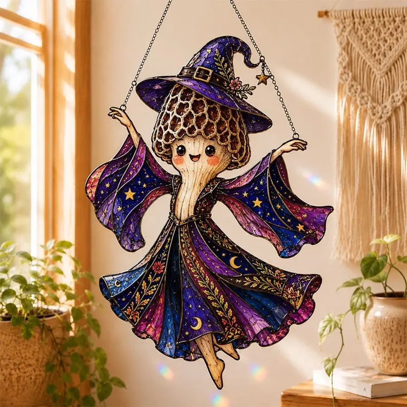 Witch Mushroom Suncatcher, Cottagecore Window Hanging, Magical Forest Decor, Whimsical Witch Gift, Fantasy Sun Catcher