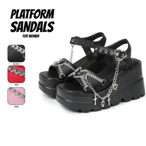 Platform Sandals for Women Sweet Gothic Punk Square Toe High Slop Heel Wedge Adjustable Ankle Buckle Chic Heart Chain Comfy Easy Slip on Gifts for Her Work Party Casual Spring Summer Dressy Shoes