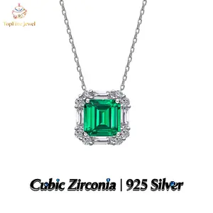 925 Sterling Silver Asscher‑Cut Green Cubic Zirconia Halo Pendant Necklace, Perfect For Everyday Commuting, Dates, Banquets, Weddings, Anniversaries, And Other Occasions—Classic, Vintage & Elegant Jewelry