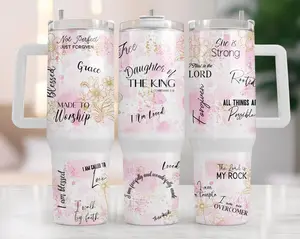 Pink Christian 40oz Tumbler With Handle & Straw, Daughter Of The King, She Is Strong Bible Verse Insulated Cup, Made To Worship, Overcomer Religious Gift For Women, Faith Devotional Coffee Mug, Stainless Steel Water Bottle