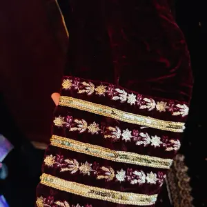 Pakistani Velvet 3 pc Formal Dress with Gold Embroidery and Tassel Detailing for Special Occasions