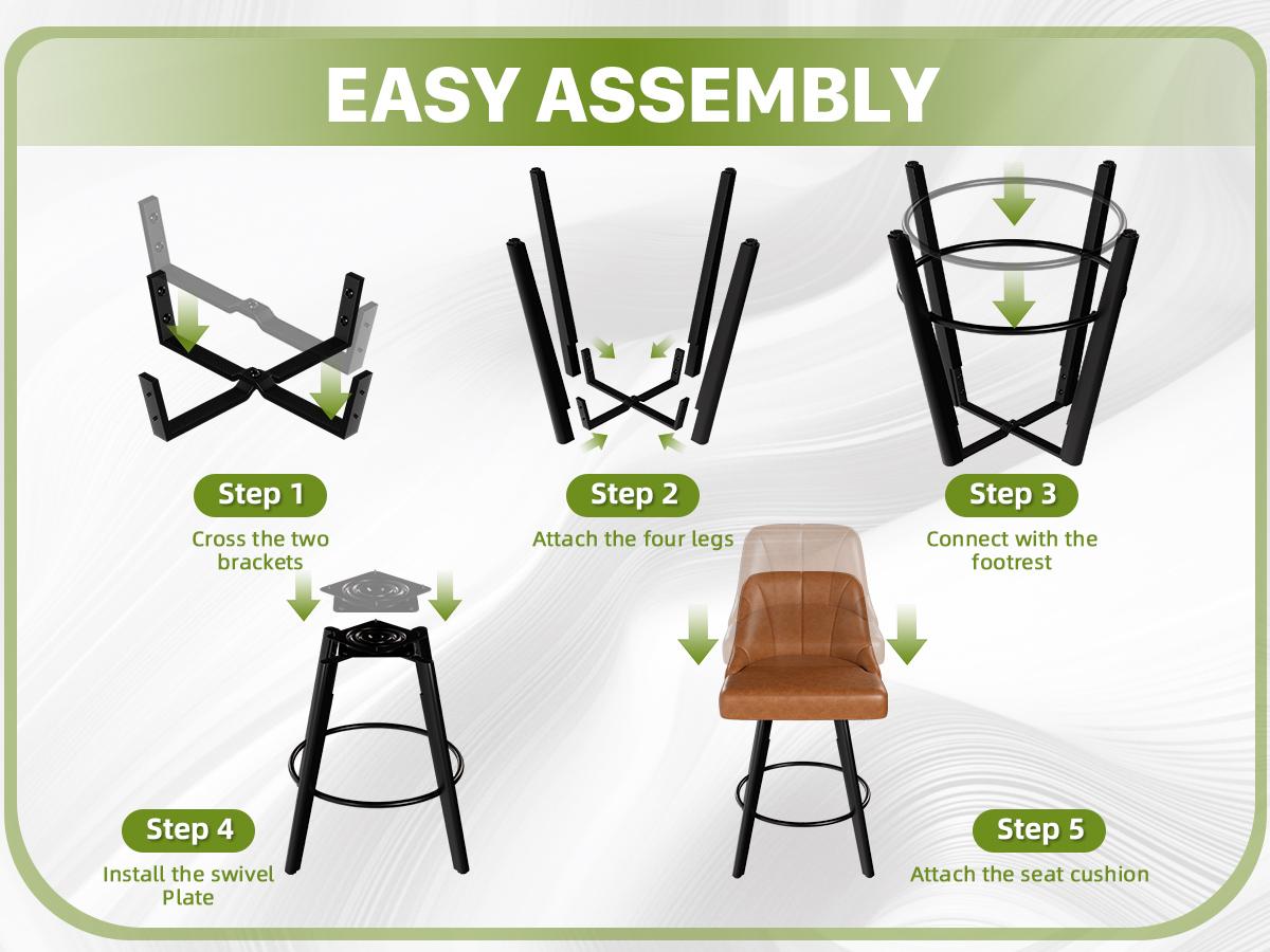 25" Swivel Bar Stools Set of 3 PU Leather Counter Height Bar Stools with Back, Fabric Swivel Counter Stool with Wooden Legs & Metal Footrest, Upholstered Bar Chairs for Kitchen Island, Bar, 350Lbs