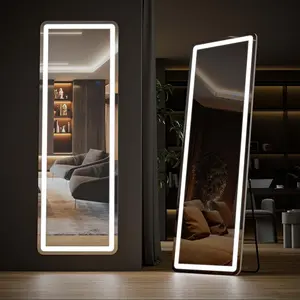 Right Angles Full Length Mirror with LED Lights, 64"x21" Lighted Standing Mirror with Stand or Wall Mount – Dimmable & 3-Color Lighting, Large Full Body Mirror for Bedroom, Living Room, Dressing Room, Cloakroom,White