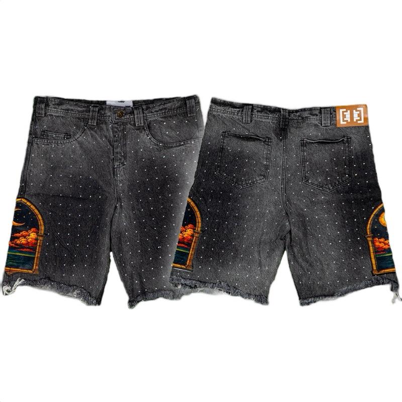 Starry Night Jean Jorts with Unique Starry Pattern and Distressed Hemline