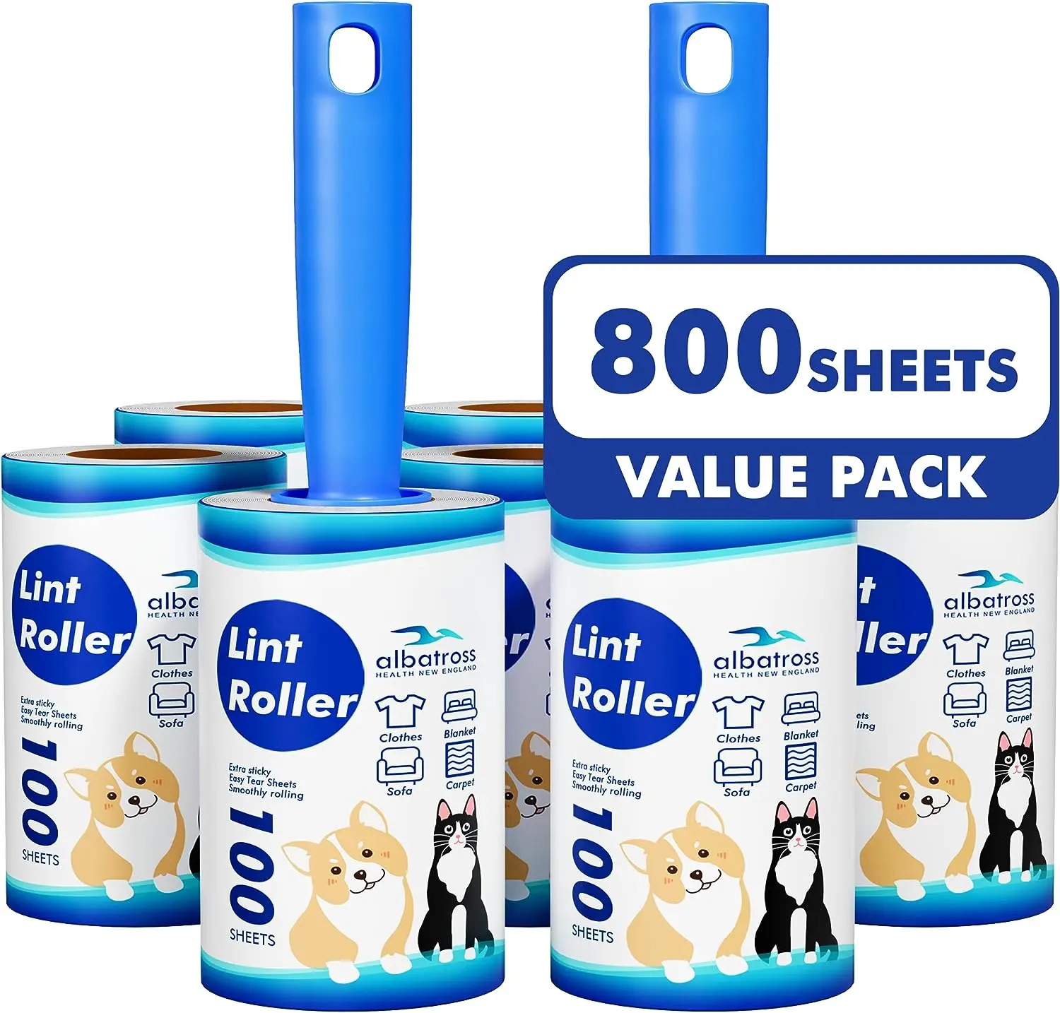 Lint Rollers for Pet Hair Extra Sticky, 800 Sheets (8 Rollers) Mega Value Set Roller with 2 Upgraded Handles, Removal Tool Clothes, Furniture, Carpet, pet Dog & Cat Remover