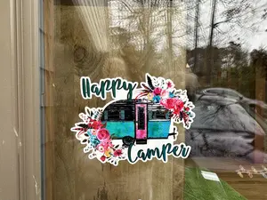 My Vinyl Cut Happy Camper Static Cling Decal Window Sticker