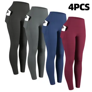 CHRLEISURE 3/4-PACK High Waist Yoga Pants With Pockets, Exercise Running Yoga Leggings, Workout Running Yoga Leggings for Women Activewear Bottoms