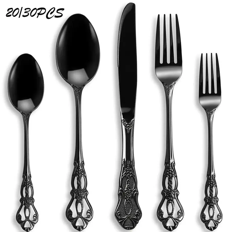 Vintage Utensils Set, 20/30pcs Stainless Steel Set, Including Knife, Fork & Spoon, Exquisite Silverware for Home Kitchen Restaurant Hotel, Dinnerware Service Set, Dinner Sets, Forks Spoons And Knives Set