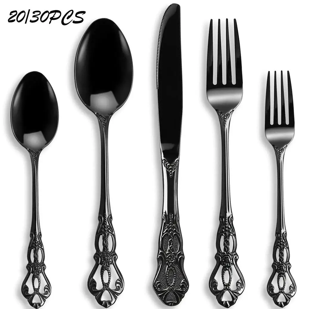 Vintage Utensils Set, 20/30pcs Stainless Steel Tableware Set, Including Knife, Fork & Spoon, Exquisite Silverware for Home Kitchen Restaurant Hotel, D