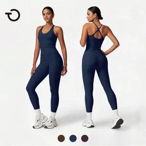 TimeOFF Women's 2-Piece Yoga Set - Criss Cross Back Racerback Tank Top & High Waist Butt Lifting Tight Fit Leggings, Stretch Fabric, Sporty High Performance, Stops Movement Restriction & Waist Rolling, Sculpts Curves, Ideal for Yoga, Summer 2 Piece Sets s