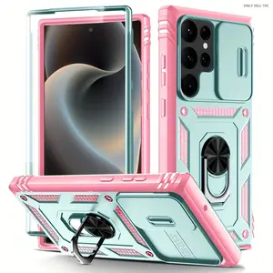 Shockproof Protective Case for Galaxy S26 S25 S24FE S23FE S22 S21FE S20FE Ultra Plus A56 A55 A54 A36 A35 A34 A26 A25 A24 A16 A15 A13 A06 5G 4G 360° Rotating Metal Stand Phone Protection Case with Sliding Window Lens Cover Car Magnetic Bracket Function
