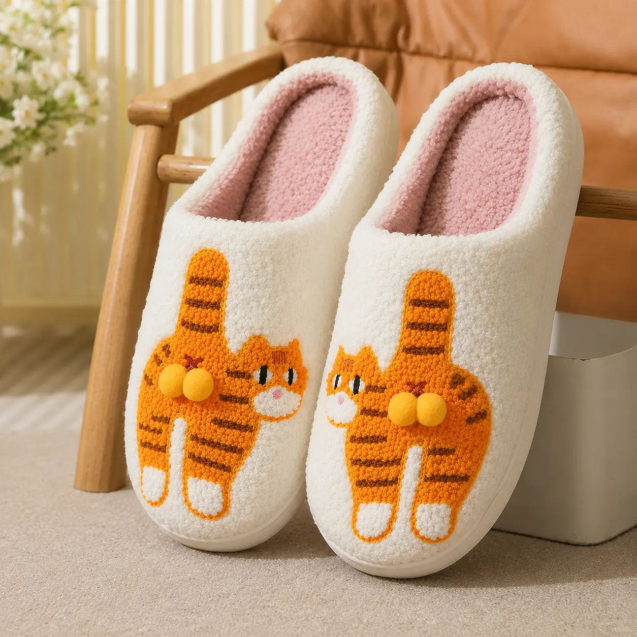 Cute Orange Cat and Corgi Dog Pattern Plush Slippers, Double Pom-Pom Bell Detail, Warm Fuzzy Indoor House Shoes for Women, Cozy Cartoon Animal Home Footwear