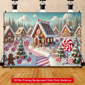 2D Flat Printing Backdrop Banner 1pc, Gingerbread Houses And Candyland Vibrant Polyester Background Cloth for Family Party, Wedding, Birthday, Christmas, Thanksgiving, Fall, Entryway, Room Decorations, Easy to Set Up, Reusable