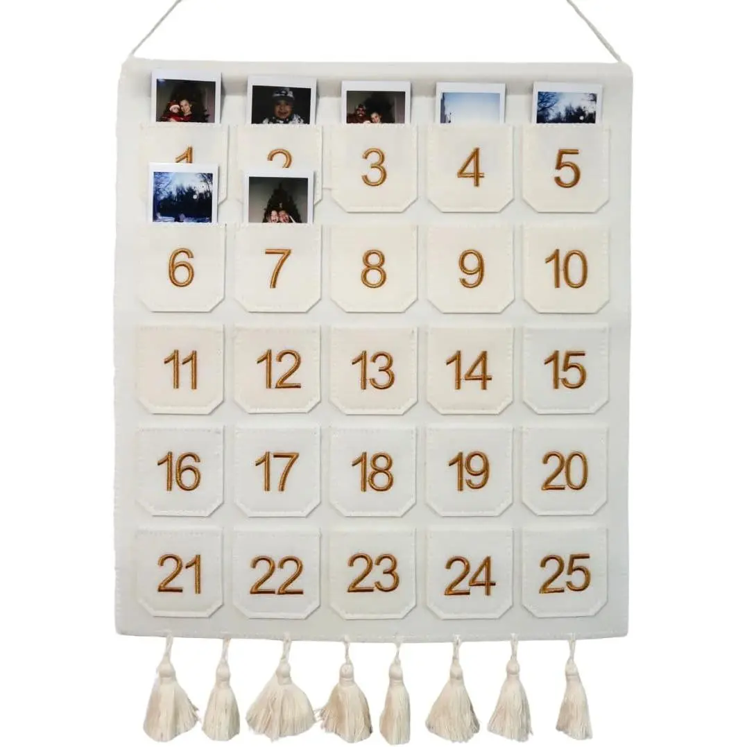 Photo Advent Calendar with Pockets, Christmas Calendar Countdown, Embroider Numbers Felt Photo Advent Calendar w/ 25 Small Pockets, Advent Calendars for Holiday Tradition (Gold)
