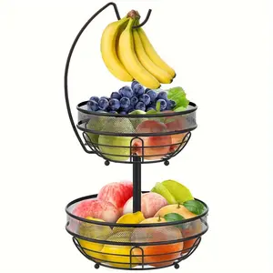 2-Tier Oval Cast Iron Countertop Fruit Basket Bowl with Banana Hanger - Ample Storage for Fresh Fruits, Veggies, and Bread - Stylish Kitchen Organizer with Durable Metal Wire Construction and Space-Saving Design