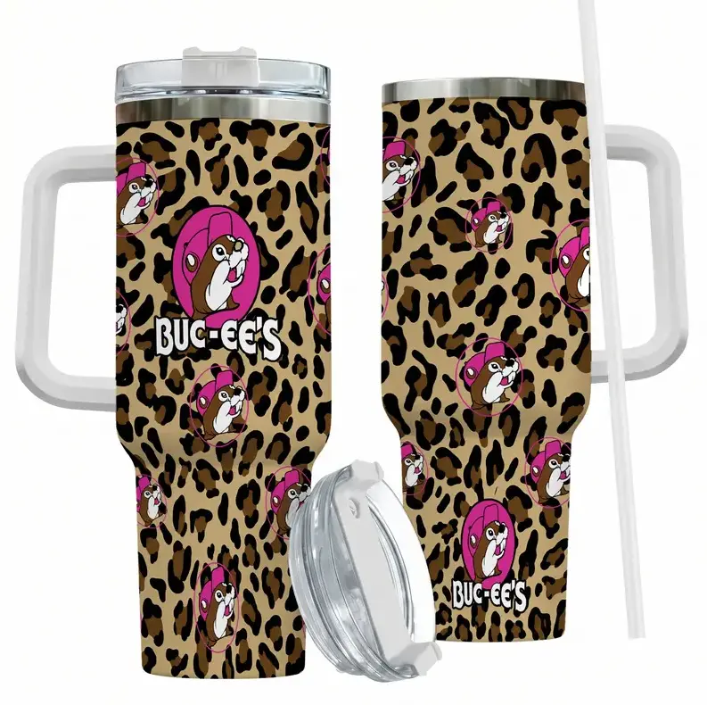 [Road Trip Collection] Buc-ee's Leopard Print 40oz/20oz Tumbler with Handle & Straw, Stainless Steel Double Wall Vacuum Insulated Travel Mug, Pink Cute Beaver Design, Keeps Drinks Hot & Cold, Fits Car Cup Holder, Gift for Her