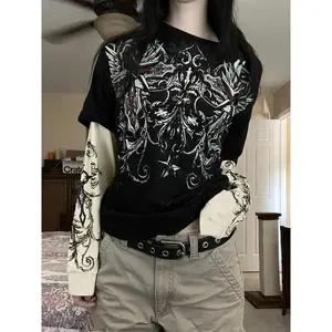 Women's Long-Sleeved T-shirt New Loose Fake Two Long Sleeve Printed round Neck Long Sleeve Retro Printed T-shirt Women's Clothing