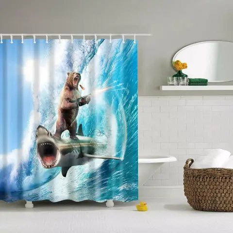 Cartoon Bear & Shark Pattern Shower Curtain Sets, Funny Shower Curtains For Bathroom Waterproof Bathroom Curtain with 12pcs Hooks, Bathroom Accessories, Home Supplies