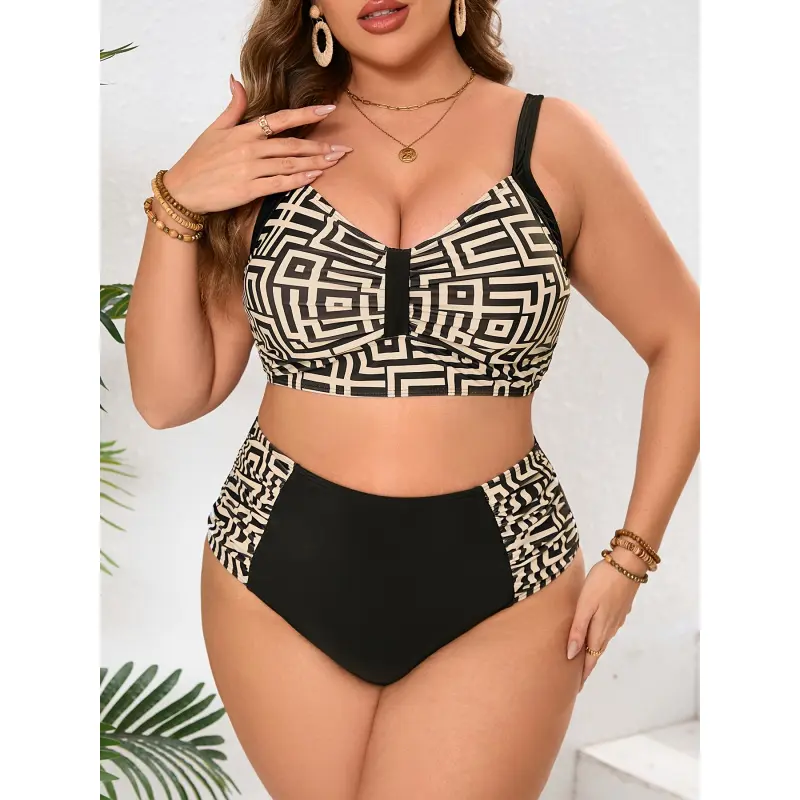 Women's Plus Size High-Waisted Bikini Set - Fashion Checkered Print 2-Piece Swimsuit with Elastane Polyester Blend, Removable Pads, 2XL, Two-Pieces