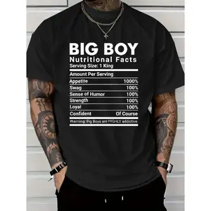 Large Men's Casual Street Style T-Shirt, Printed with Big Boy Nutrition Facts, Loose Fit Pure Cotton with Humorous Graphic, Machine Washable Novelty Top, Suitable for Outdoor and Daily Wear, Durable Clothing | Short-sleeve Top | Extra Large Size 2720