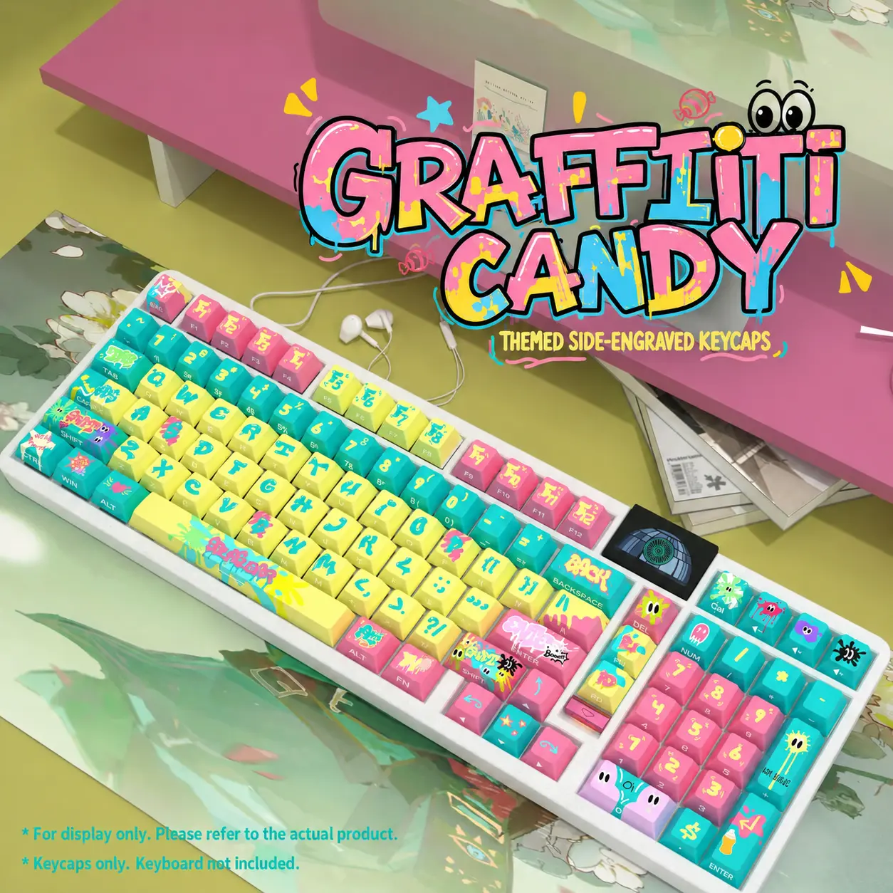 Graffiti Candy Theme Keycaps - Original Height Side Engraved PBT Dye Sublimation Character Translucent, Compatible with 61-108 Key Mechanical Keyboards, Keycaps Only, Suitable for Keyboard Decoration, E-sports Gaming and Desktop Makeover, Custom Keyboard