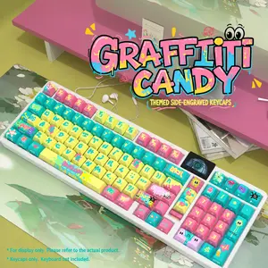 Graffiti Candy Theme Keycaps - Original Height Side Engraved PBT Dye Sublimation Character Translucent, Compatible with 61-108 Key Mechanical Keyboards, Keycaps Only, Suitable for Keyboard Decoration, E-sports Gaming and Desktop Makeover