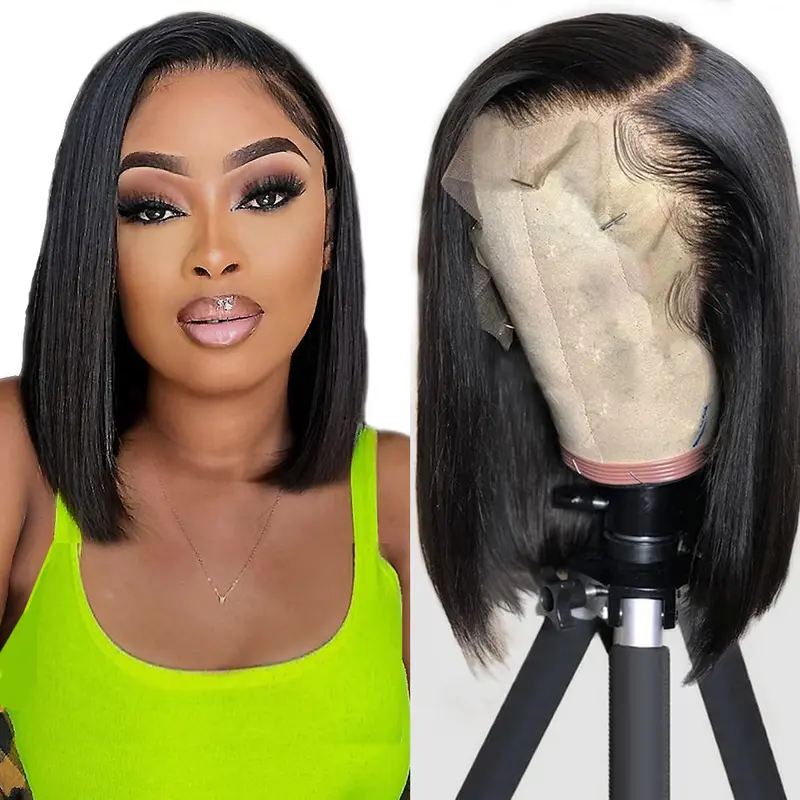 Hermsile Straight Bob Wigs Human Hair Wigs For Black Women 13x4 Straight Lace Front Wigs Human Hair Lace Front Wigs Pre Plucked HD Lace Frontal Wigs 180% Density Short Bob Wigs Natural Color 10 inch
