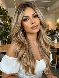 30-Inch Blonde Ombre Long Curly Wig with Dark Roots, Natural and Fashionable, Breathable Rose Mesh, Heat-Resistant Synthetic Fiber, Suitable for Daily, Parties, Vacations, Synthetic Curly Wigs
