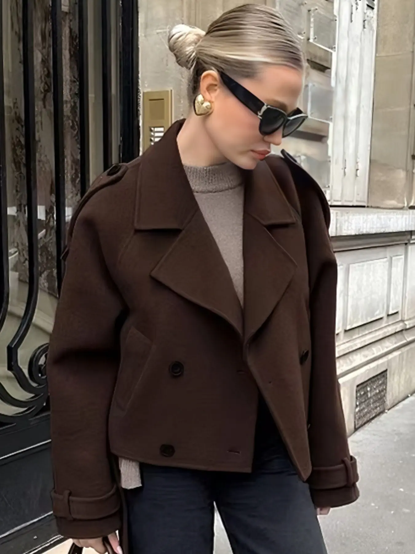 Cropped Wool Jacket Women's Jacket Demi-Season 2026 Chocolate Brown Oversized Outerwears Fashion Casual Double-Breasted Long Sleeve Short Coat Cozy Office Commutes & Brunch Outings Parka Jacket