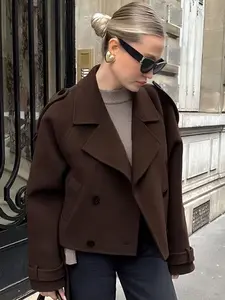 Cropped Wool Jacket Women's Jacket Demi-Season 2026 Chocolate Brown Oversized Outerwears Fashion Double-Breasted Long Sleeve Short Coat Cozy Office Commutes & Brunch Outings Parka Jacket