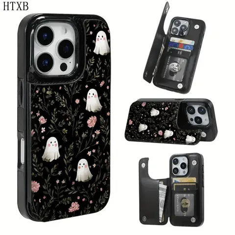 Ghost & Floral Wallet Phone Case for iPhone 17/16/15/14/13/12 Pro Max/Pro/Plus/Air – PU Leather Card Holder, Accessories, Smartphone