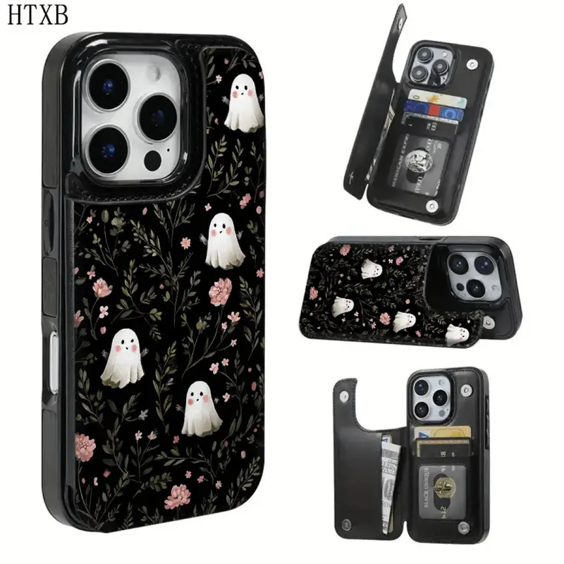 Ghost & Floral Wallet Phone Case for iPhone 17/16/15/14/13/12 Pro Max/Pro/Plus/Air – PU Leather Card Holder, Accessories, Smartphone