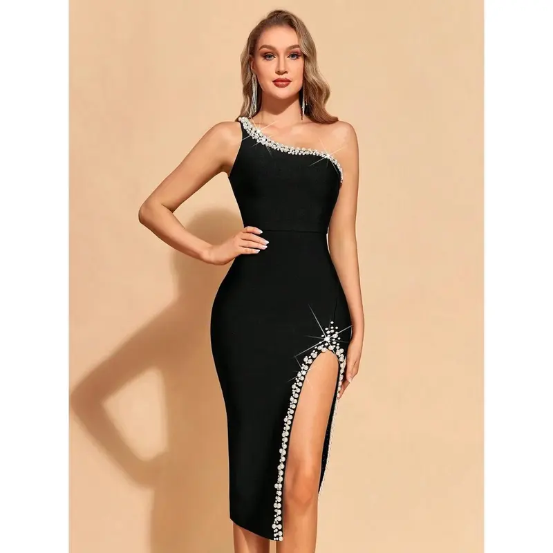 knee length dresses for ladies FINULA V Neck Ruffle Pearl Midi Bandage Dress S main image 0