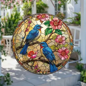 Stained Glass Bluebird Suncatcher, Floral Window Hanging, Rainbow Maker Decor, Cottagecore Home Decor, Bird Lover Gift, Faux Stained Glass Art, Sun Catcher For Window, Nature Aesthetic Room Decor, Colorful Light Catcher, TikTok Shop Finds