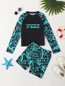 Boys Lightning Electric Glow Print Long Sleeve Sun Protection Swimwear Set, Trendy Quick Dry Surf Suit Two-Piece