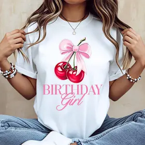 Cherry Bow Birthday Girl Print T Shirt Women Casual Short Sleeve Top Summer Fashion Trendy Graphic Tee