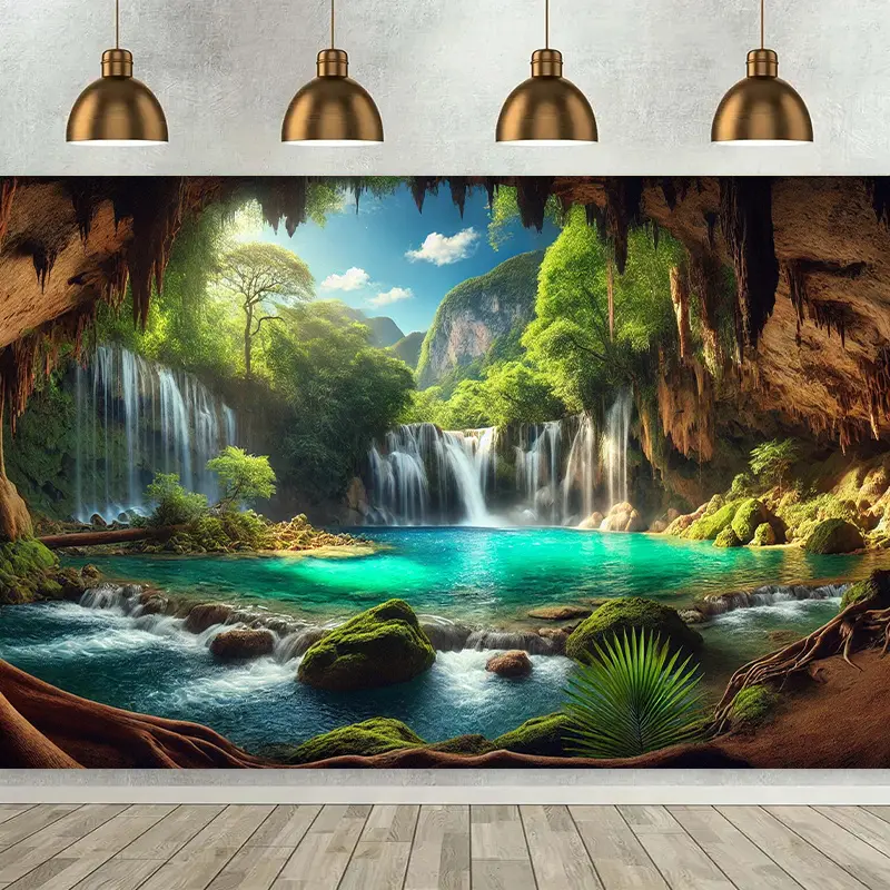 Large-Size Summer Vibe Waterfall Cave Scenic Print Polyester Backdrop Banner - 1pc Wall Hanging Tapestry, 243.84x182.88cm, No Electricity Required, Indoor-Outdoor Home/Party Decor