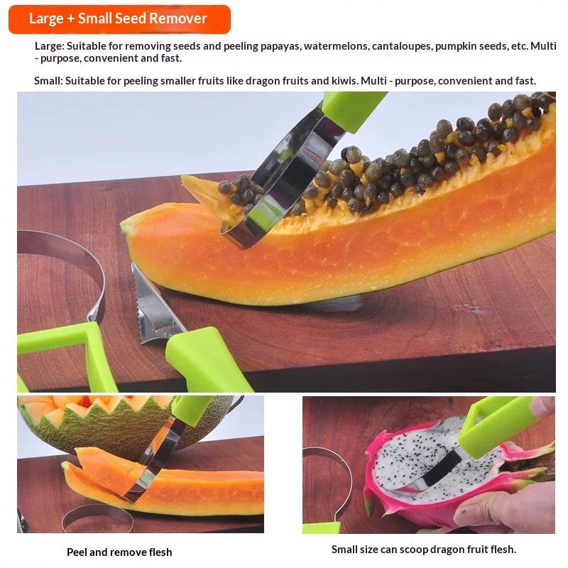 3-in-1 Stainless Steel Vegetable Fruit Cutter Set - Multifunctional Kitchen Utensil with Auto-Spinning Slicer, Melon Baller Scoop, Watermelon Cutter, Seed Remover for Fruit Salad, Party Prep,home essentials