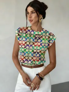 Geometric Pattern Colorblock Print Round Neck Sweater, Casual Sleeveless Knitwear for Spring Summer Fall, Comfortable Warm Women's Clothing