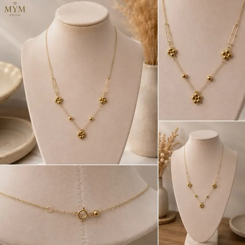 MYM Jewelry 10k Certified Floral Design Necklace - Elegant Gold Tone Chain with Delicate Flower Charms for Women