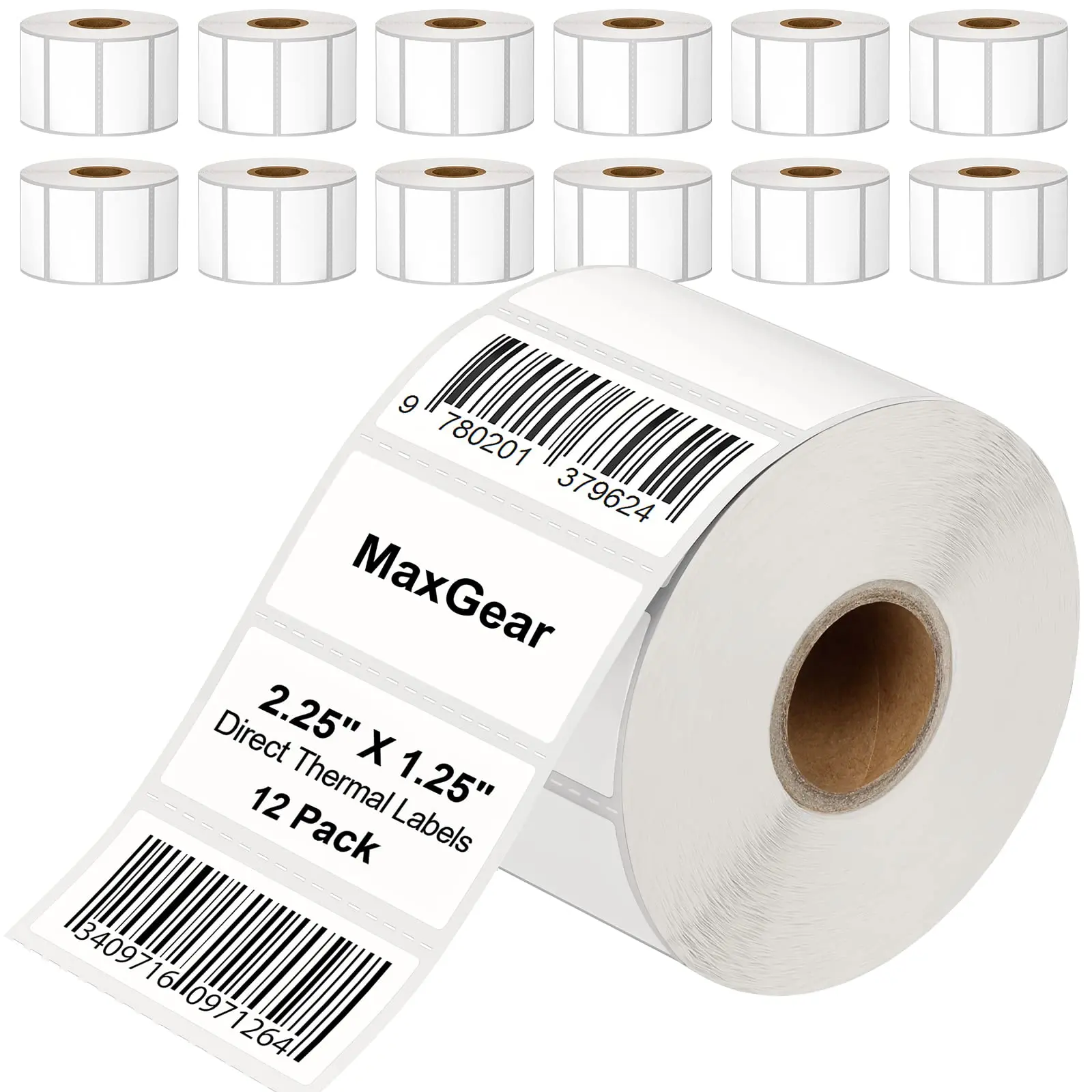 MaxGear 2.25"x1.25" Direct Thermal Labels - Perforated UPC Barcode & FBA Address Stickers, Premium Permanent Adhesive Shipping Labels, Compatible with Rollo, Zebra Thermal Printers, Easy Separation, 12 Rolls (1000 Pcs/Roll), 12-Month Customer Support, 2.2