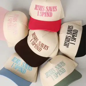 2026JESUS SAVES I SPEND embroidered trucker cap, color-block baseball cap, unisex casual hat